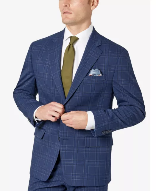 Sean John Mens Classic-Fit Blue Plaid Suit Jacket 40S