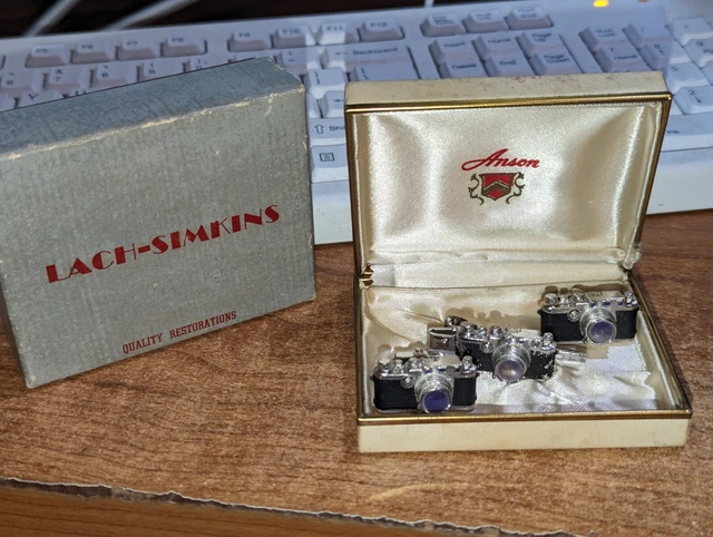Vintage Anson Camera Cufflinks & Tie Bar Set w/ Original Case