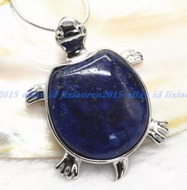 Natural Blue Lapis Lazuli Bead Turtle Gemstone Pendant Necklace 18"