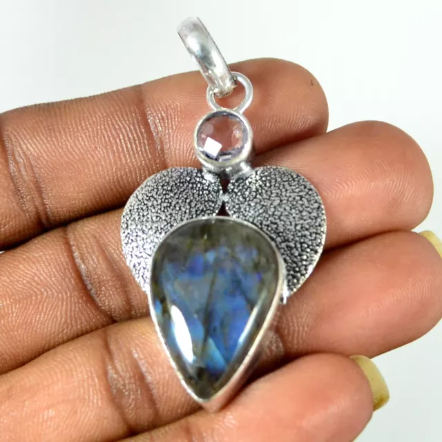 Labradorite Poire Cabochon 925 Argent Mode Bijoux Pierre Précieuse Pendentif