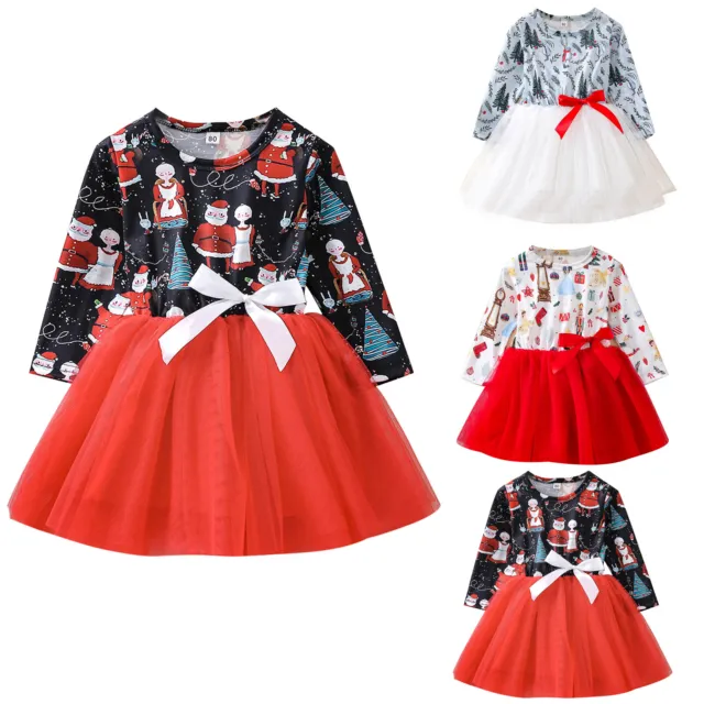 Toddler Kids Baby Girls Christmas Print Patchwork Tulle Princess Dress Clothes
