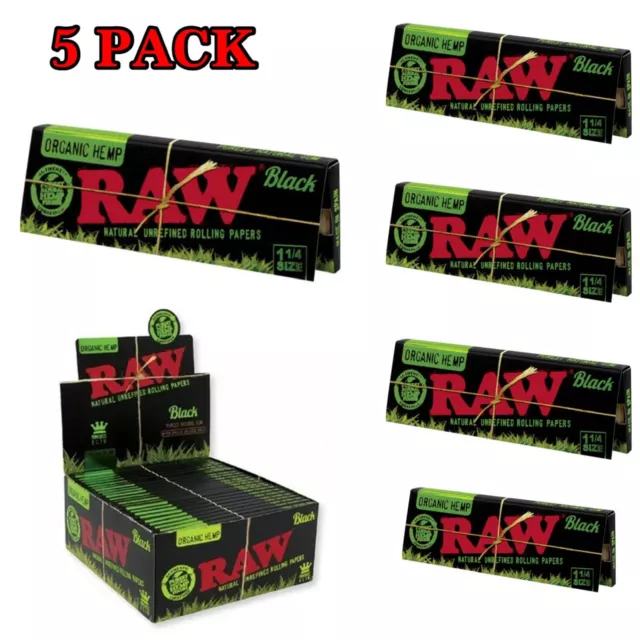 New 5 PACKS RAW BLACK ORGANIC HEMP Rolling Papers  1 1/4 Size 50 leaves each