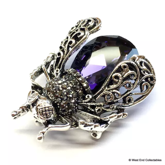 Large Filigree Bee Brooch Vintage Art Deco Style Purple Insect Pendant Pin