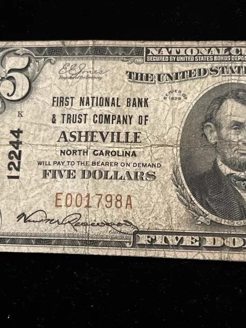 1929 $5 The First National Bank & Trust Asheville Nc National Currency # 12244 3