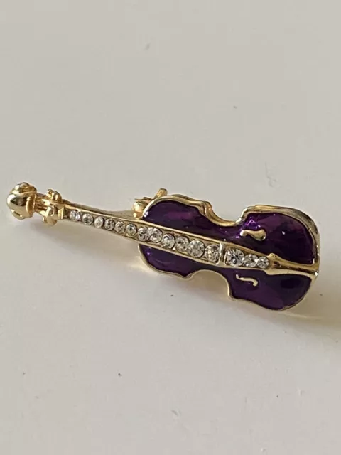 Vintage Estate Purple Enamel Violin Brooch With Rhinestones 1.5 Inch