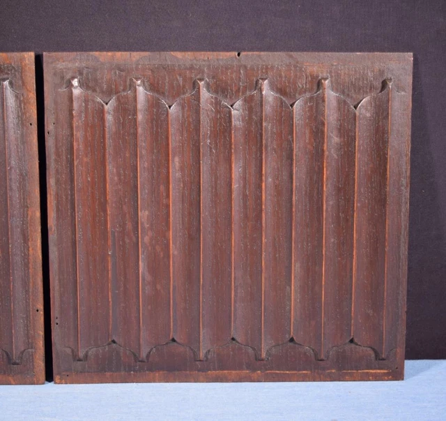 *Pair of French Antique Gothic Revival Panels in Solid Oak Wood Linen Fold 4