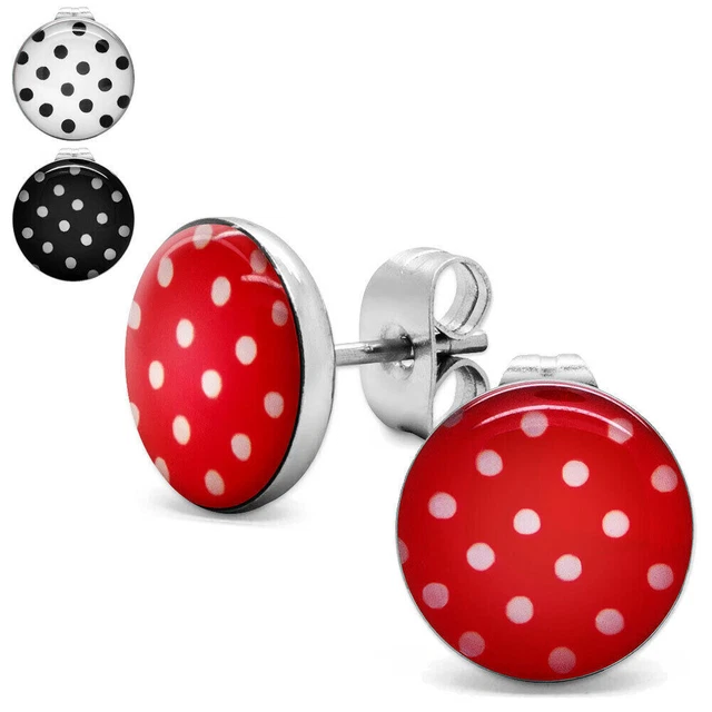 Boucles D'oreilles Pin Up Noeud Papillon - Blanc à Pois Noir, Version 1, Fait Main, Neuf
