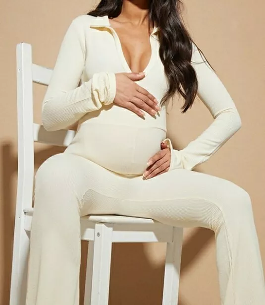 Boohoo Maternity Stone Rib Collar Detail Flare Leg Jumpsuit Cream BNWT UK Size10