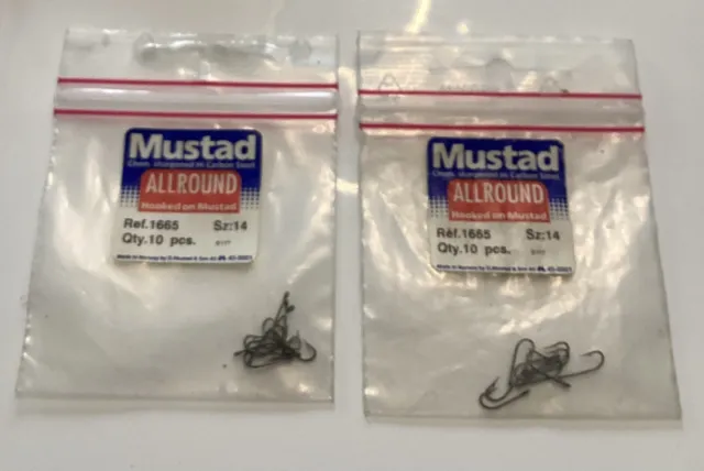 Mustad 1685 Allround Eyed Barbed Hooks ( Ten Hooks Per Pack) Two Packets Size 14
