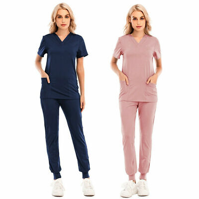 Women Nursing Medical Scrub Suit V-neck Short Sleeve Set Blouse Pants Uniform
