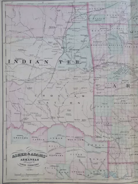 Indian Territory Eastern Oklahoma Arkansas 1872 Asher & Adams large state map