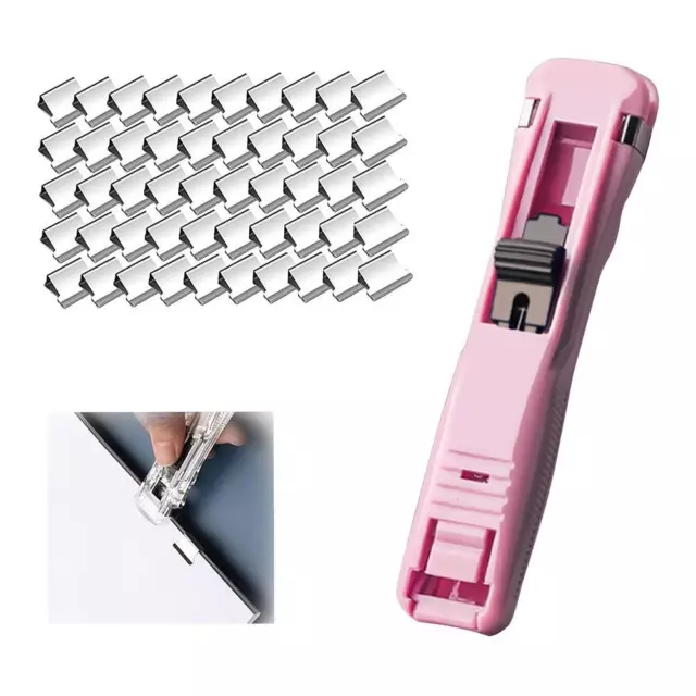 (Pink)Push Stapler Transparent Paper Clam Clip Dispenser Acrylic Desktop Stapler