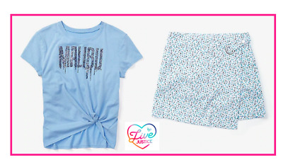 *New* Justice Girls 8 10 12 Blue Embellished Malibu Top N Floral Skirt Skort Set