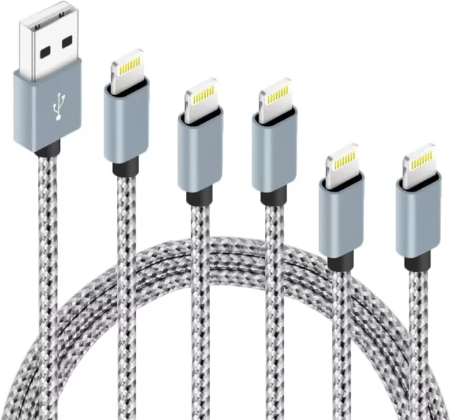 Lot de 5 câbles Lightning en nylon tressé certifié Apple MFI(gris/blanc)
