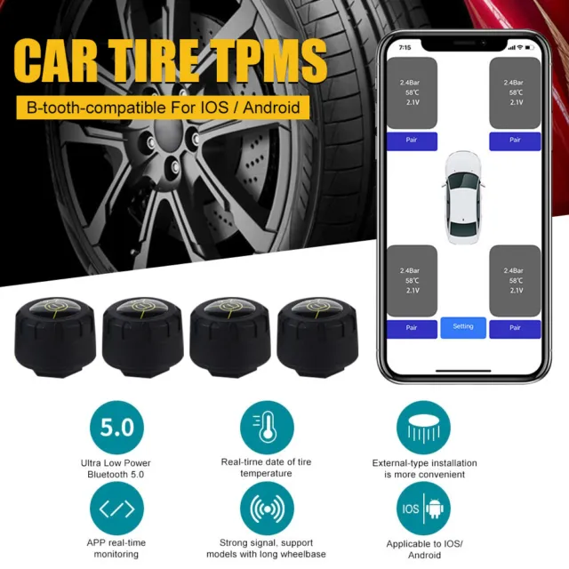 4PCS External Sensors TPMS Bluetooth Car Tire Pressure Monitor System Bluetooth