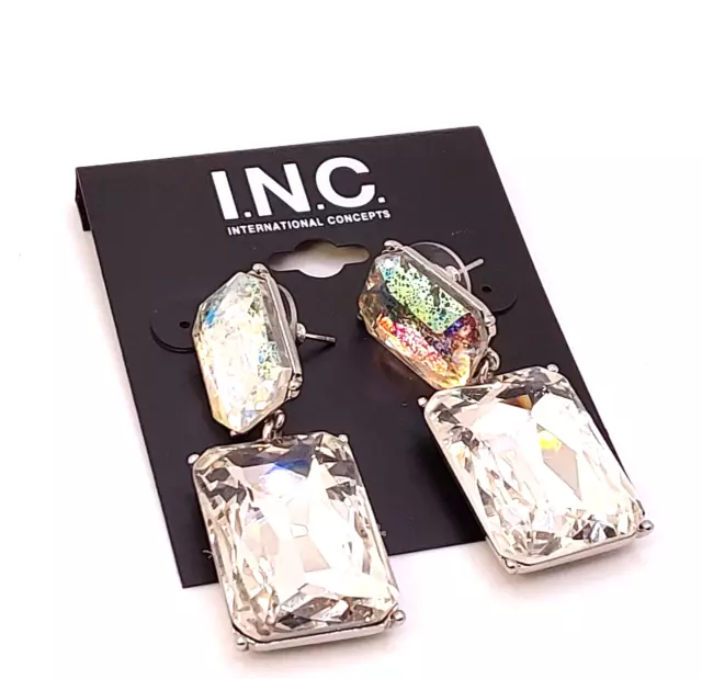 INC International Concept Silver Tone Crystal Clear Square Dangle/Drop Earrings