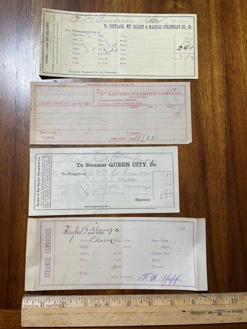 Lot 4 steamboat steamship receipts 1880-1901 Cambridge Queen City Eastern etc