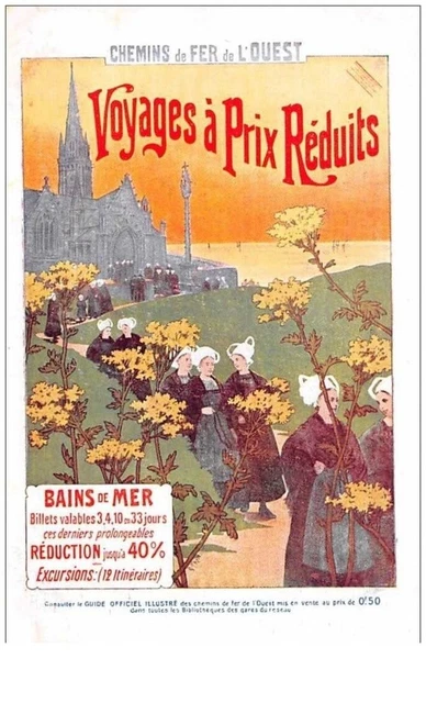 publicitaire. n° 48025 . bains de mer. chemin de fer de l ouest.affiche en car