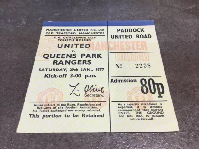 Manchester United v QPR 29 January 1977 FA Cup Match Ticket