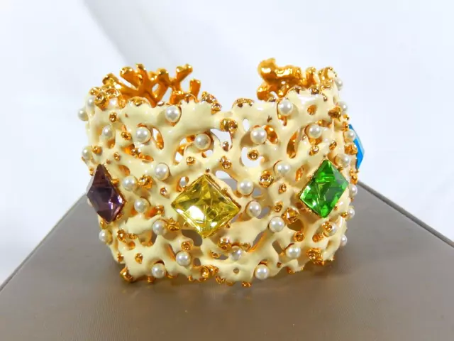 Rare Kenneth J Lane Kjl Enameled & Crystal Coral Reef Wide Hinged Cuff Bracelet