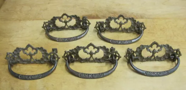 Set 5 Antique Cast Brass Backplate Dresser Chest Drawer Pulls w Iron Drop Bails