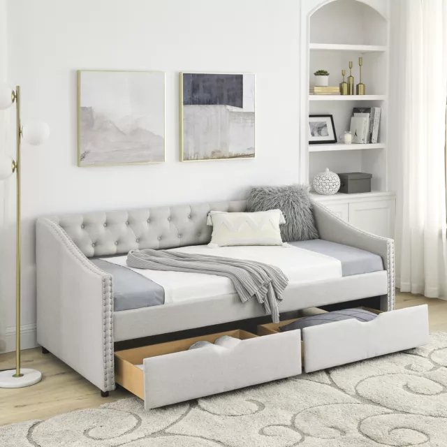 Twin Size Daybed with 2 Drawers Upholstered Bed Frame Sofa Bed with Storage