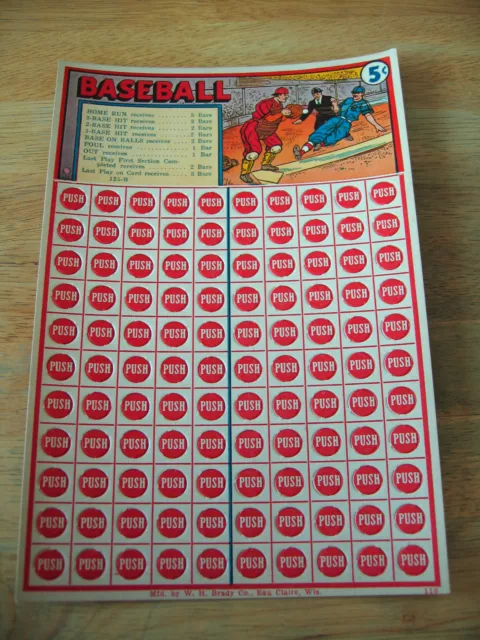 VINTAGE 1940S BASEBALL Punch Card Game W.H. Brady Co. Candy Bar Game ...