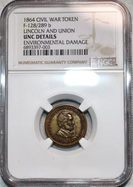 Uncirculated 1864 Abraham Lincoln/Eagle Brass Civil War Token, F-289/289b