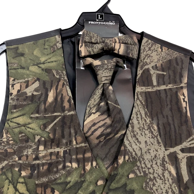 Men's Pronto-Uomo Camouflage Tie Vest Bow Tie Set Formal Dress Leafy Tree Camo