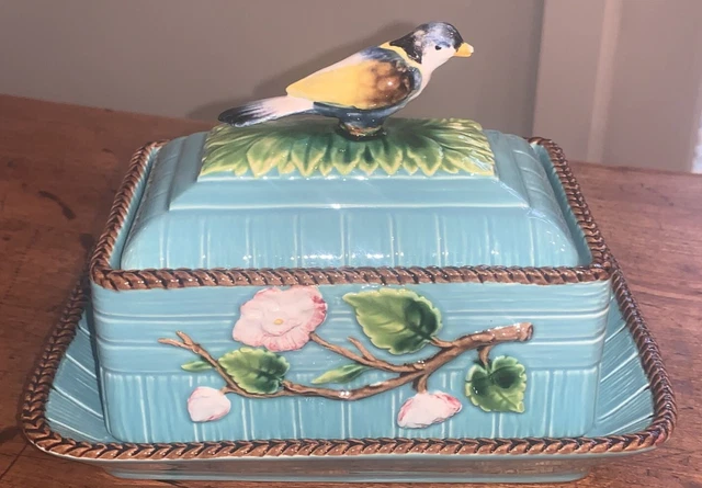 Rare Mottahedeh Majolica-Style Covered Butter/Trinket Dish Plate W/ Bird Finial
