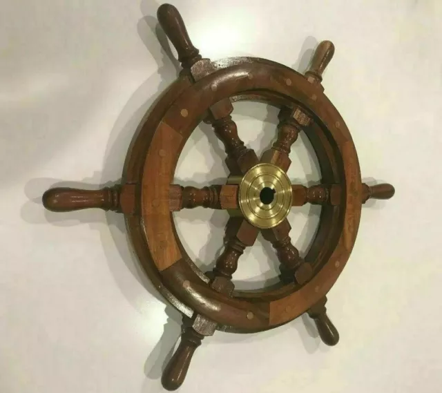 Brass Collectible 12 Inches Boat Ship Wheel Wooden Steering Home Decor 2