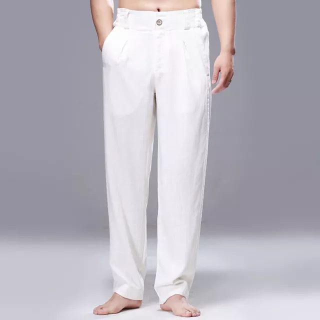 Hommes Coton Lin Desseré Bouffant Pantalon Haut Élastique Taille Poche Souple