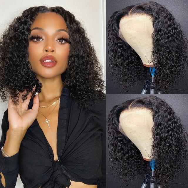 4x4 Peluca Frontal de Encaje Rizada Corta Bob Peluca Rizada Cabello Humano Brasileño Preplumada