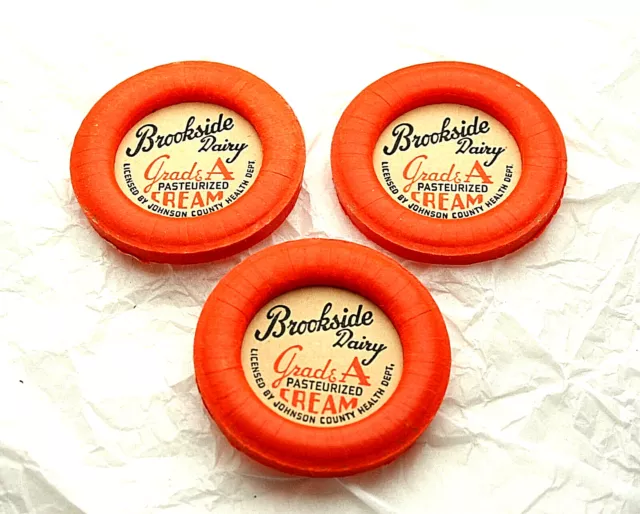 3 Brookside Dairy Grade A Milk Cream Wax Bottle Cap NOS new Johnson County KS