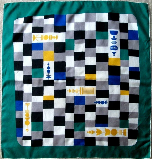 Foulard En Soie Vintage SALTERIO - Noir Et Bleu - 77x77 Cm - Occasion En Soie Moirée