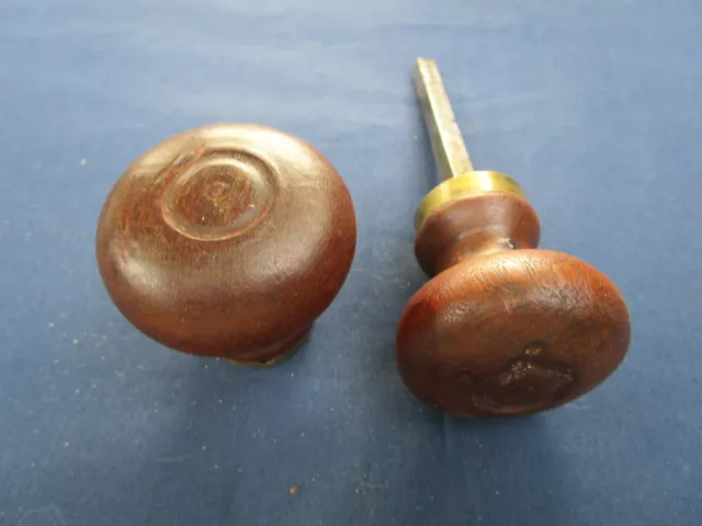2 Poignées boutons bois bagues laiton ancienne porte communication carré de 6