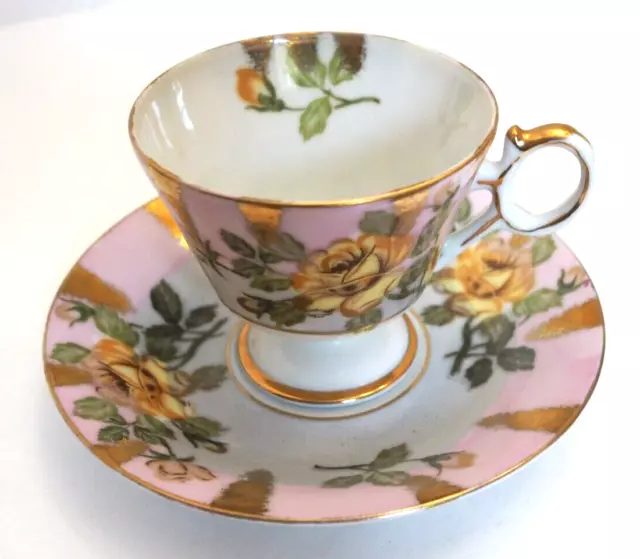 Vintage Royal Sealy Japan Pink Gold Rose China Pedestal Tea Cup + Saucer Set