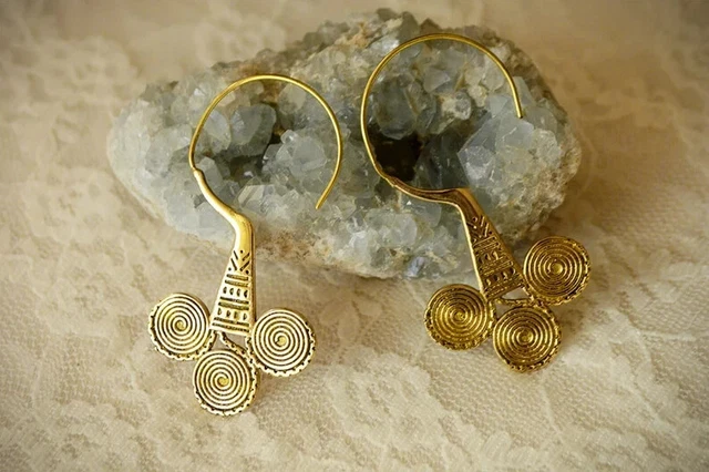 Large Gold Plated Mandala Vintage Tribal Brass Hoops Spiral Earrings Free Ship 3