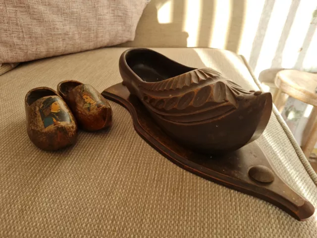 Vintage Dutch Miniature Pair of Wooden Clogs & Hanging Clog Ornaments