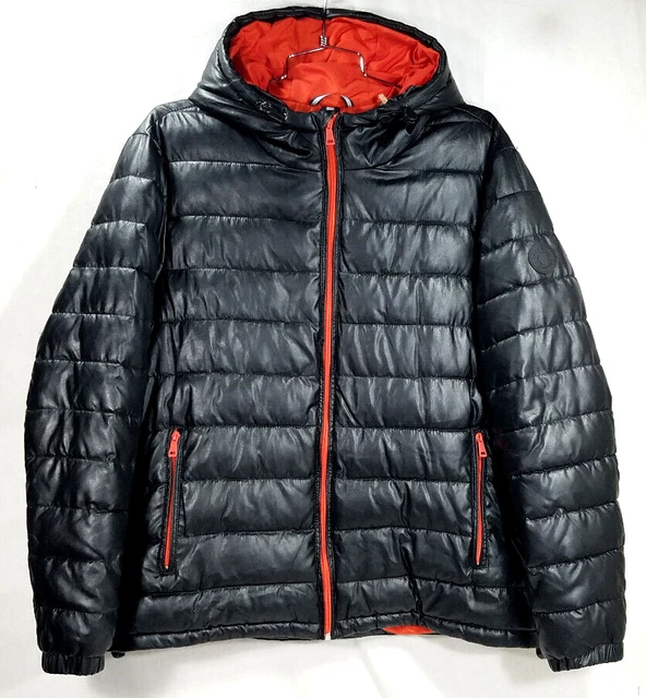 Cole Haan Signature Hooded Jacket Faux Leather Zip Hoodie Puffer Coat XL Black