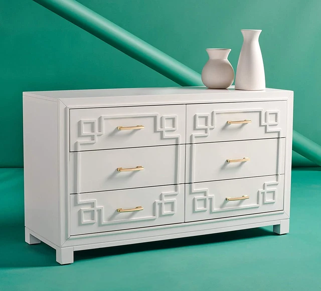 Couture Home Collection Raina Greek Key 6-Drawer Dresser, White/Gold