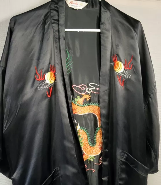 100% Silk Black Embroidered Kimono w/ waist tie two pockets