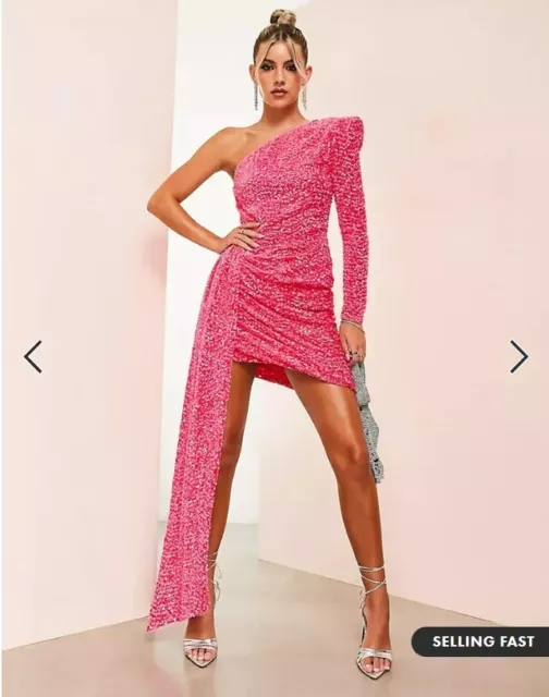 ASOS LUXE One Shoulder Asymmetric Draped Mini Dress Pink Sequin Size 10 NEW