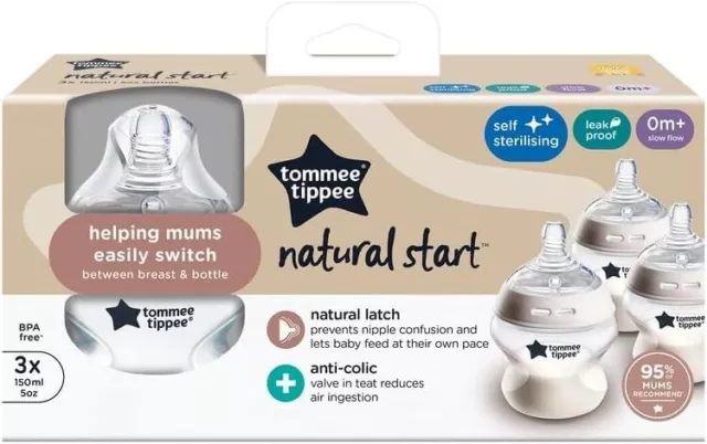 Tommee Tippee Natural Start Anti-Colic Baby Bottle, 150 ml x3