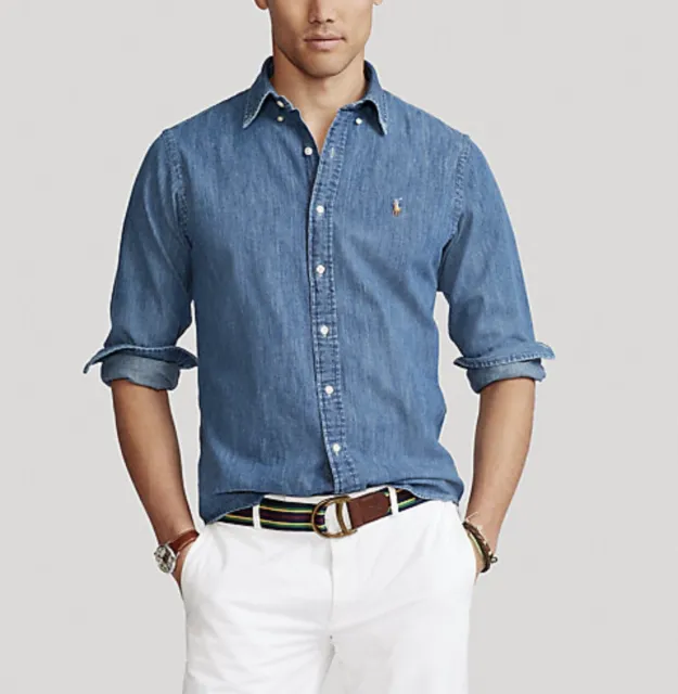 Ralph Lauren uomo TG XL camicia sportiva in jeans denim scuro slim fit