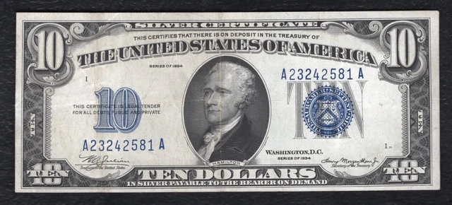 1934 $10 Ten Dollars Silver Certificate Currency Note Extremely Fine