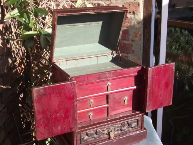 Large Chinese desk top cabinet with 2 doors 5 drawers 1 secret and a lid box