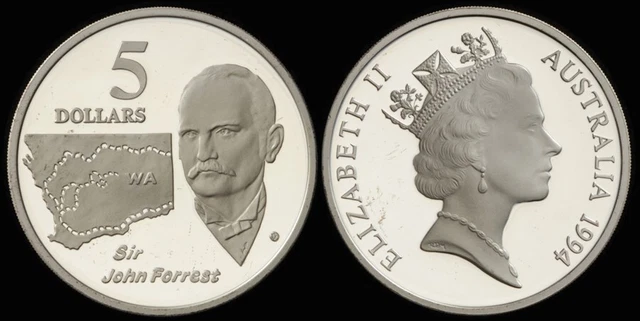 Australia: 1994 $5 Sir John Forrest WA. 1.08oz  ASW 36g Silver ex masterpieces.