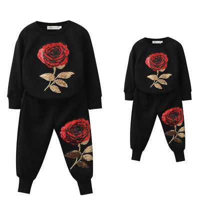 Girls Mother Daughter Matching Outfit 2Pcs Rose Sequin Print Autumn Kids Clothes