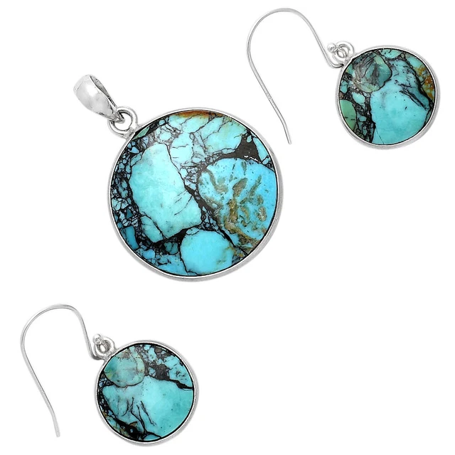 Lucky Charm Tibetan Turquoise 925 Silver Pendant Earrings Jewelry Set T-1001